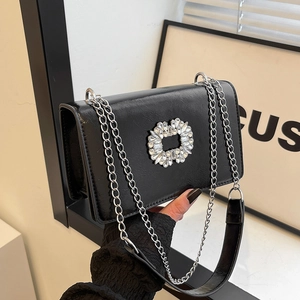 Women Shiny PU Leather Crossbody Bag Rhinestone Buckle Silver Chain Shoulder Square Purse Chic Party Daily Bag