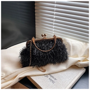 Détail de la pochette de soirée à franges noires avec cadre doré et bandoulière