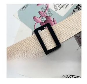 Detail of adjustable beige woven shoulder strap with a durable black plastic buckle