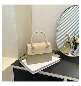 Detailed close-up of beige lychee grain leather square bag with Fashion logo lettering