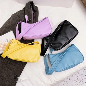 Collection of minimalist PU leather shoulder bags in purple, yellow, black and blue colors