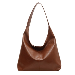 Deep brown large capacity glossy PU leather hobo shoulder bag with center seam detail