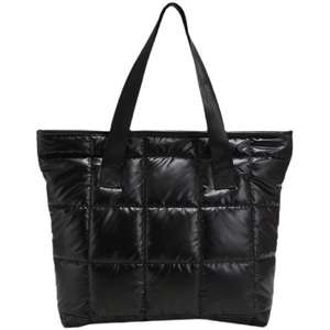 Sac fourre-tout matelassé noir en nylon brillant avec surpiqûres à carreaux