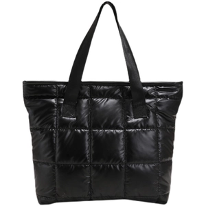 Fashionable black quilted puffer tote bag in glossy nylon with double top handles for women