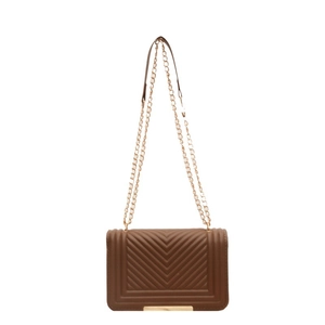Brown chevron quilted crossbody bag with gold chain strap and metal trim on white background