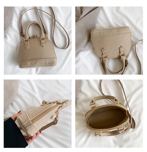 Detailed views of beige shell bag including interior, bottom, and textured faux leather surface