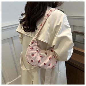 Pink corduroy strawberry underarm bag with silver metal tag for elegant women fashion