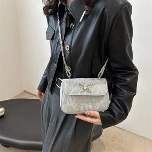 Silver wrinkled crossbody bag with butterfly metal buckle and leather chain strap