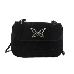 Trendy black Y2K crossbody bag with silver butterfly metal logo and chain strap
