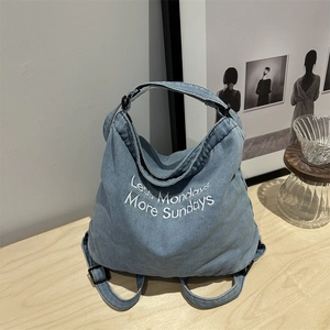 Women's Casual Denim Tote Bag Large Capacity Shoulder Bag with Embroidery Letter Design Adjustable Strap Versatile Canvas Hobo Bag