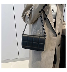 Detail of a black quilted shoulder bag featuring a silver chain strap and flap closure