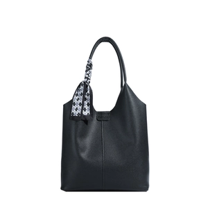 Black lychee leather tote bag with fashion embossing and patterned silk scarf handle