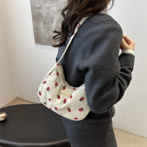 Minimalist beige corduroy crescent shoulder bag with red strawberry print for women