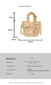 Detailed chart of canvas bucket bag with cat print and precise size measurements