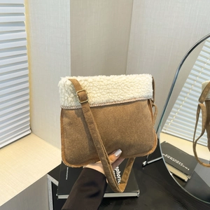 Sac à Bandoulière Femme Rétro Patchwork Toile Suédine Avec Bordure en Laine d'Agneau Sac Besace Décontracté Quotidien