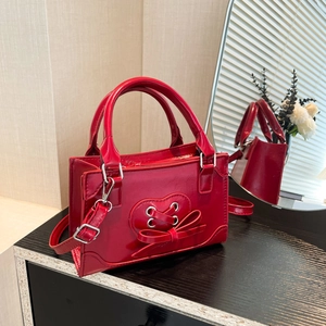 Women PU Leather Mini Handbag Heart Lace Up Bow Decor Top Handle Crossbody Shoulder Bag Fashion Elegant Simple