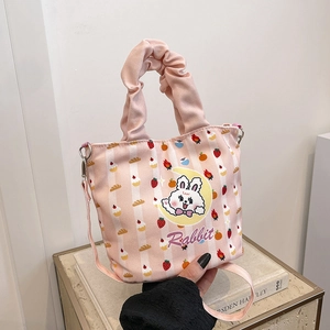 Women Sweet Cartoon Canvas Striped Bucket Bag Ruffled Handle Shoulder Crossbody Bag Rabbit Cat Sheep Print Casual Handbag