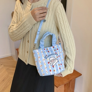 Light blue striped canvas bucket bag with cute sheep print and adjustable strap