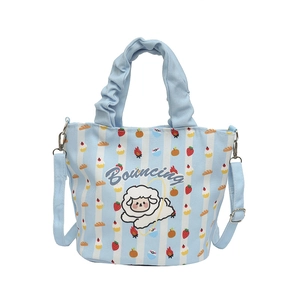 Blue striped canvas bucket bag with cute sheep print and ruffled handle for women