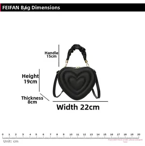 Detailed size chart showing dimensions of the heart-shaped bag: 22cm x 19cm x 8cm