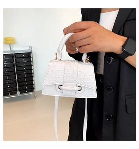 Detailed close-up of white mini handbag featuring a sophisticated woven texture and flap