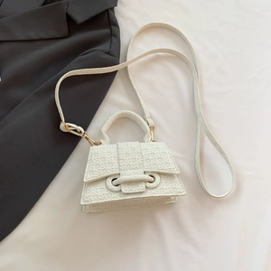 Macro shot of white mini handbag with woven texture, golden hardware and top handle