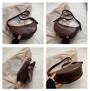 Detailed views of the dark brown leather half-moon saddle bag with adjustable strap