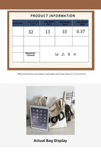 Size guide for canvas tote bag showing dimensions 32x33cm and washing instructions