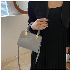 Close-up of gray crocodile-textured handbag with golden hardware and braided handle
