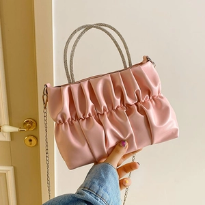 Fashion Women Ruched Handbag With Rhinestone Encrusted Handle Small PU Leather Square Crossbody Bag With Chain Strap