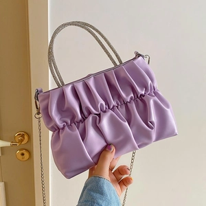 Light purple pleated cloud bag with rhinestone handle and metal chain strap for women