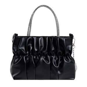 Chic black pleated handbag with sparkling rhinestone handle and detachable chain strap