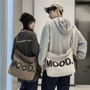 Japanese retro large canvas messenger bag with Mood print and bear pendant