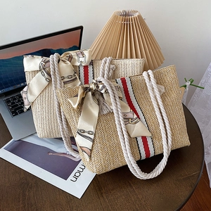 French Style Straw Woven Tote Bag For Women With Satin Scarf Decor Cotton Rope Handle Summer Beach Vacation Shoulder Bag