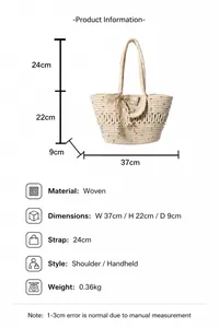 Dimensions détaillées d'un sac cabas tissé beige avec des pois colorés et un nœud en dentelle