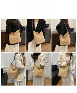 Collage of model wearing oversized straw shoulder bag with adjustable brown leather strap