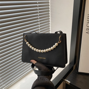 Women PU Leather Square Shoulder Bag Artificial Pearl Chain Decorative Handle Fashion Lettering Crossbody Bag Elegant Handbag