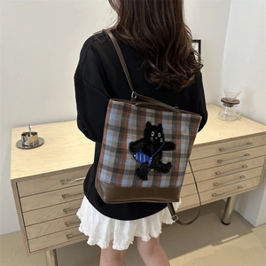 Plaid vintage tote bag with black cat patch embroidery and brown leather trim