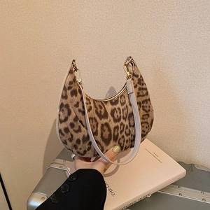 Women Leopard Print Crescent Shoulder Bag Retro Suede Underarm Bag Fashion Casual Hobo Purse With Gold Zipper Closure