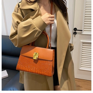 Close-up of vintage orange-brown handbag with crocodile pattern and golden metal buckle