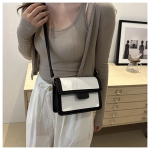 Chic black and white crossbody square bag with crocodile texture and thin shoulder strap
