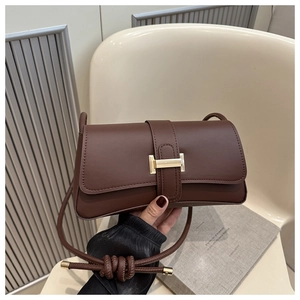 Detail of a dark brown crossbody bag with a gold H-shaped clasp and knot shoulder strap
