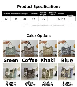 Detailed size chart and multi-color fabric tote bags including green, blue and khaki