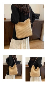 Detail of the high-quality woven texture and dark brown leather strap on this straw tote bag