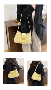 Detailed views of a pale yellow faux leather hobo shoulder bag with gold metal buckle