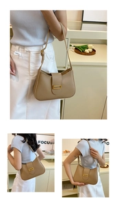 Detailed views of light brown retro underarm bag with gold buckle and adjustable strap