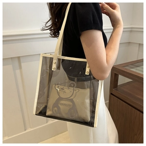 Detail of transparent PVC tote bag with canvas inner pouch featuring a bear print