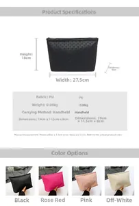 Detail showing woven texture PU leather and dimensions for the large envelope clutch bag