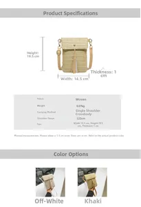 Detailed size chart for handmade woven straw mini crossbody phone bag with tassel