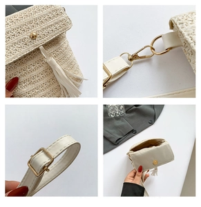 Detailed views of handmade woven straw bag featuring metal clasps and tassel accents